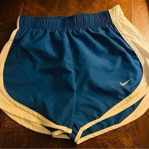 Nike Blue and White Athletic Shorts with Curved Hem